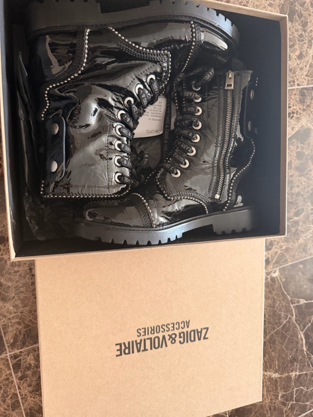 Zadig & Voltaire Black Patent Lace-Up Combat Boots